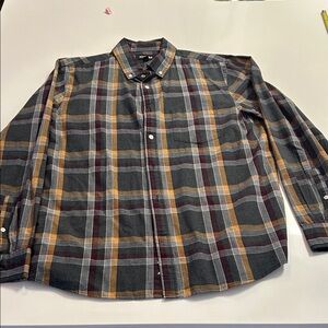 Express Men's Plaid Shirt - Burgundy, Mustard, and Charcoal
